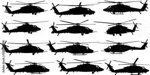 Silhouette military helicopters set displaying multiple rotorcraft profiles for aviation design, defense illustration, tactical aircraft concepts, and detailed vector graphic resources