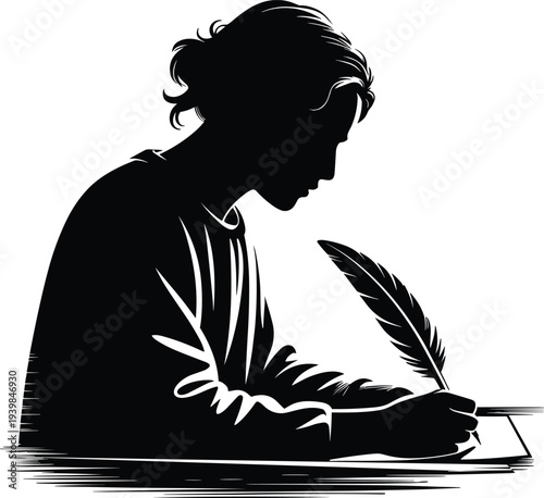 Silhouette of a thoughtful writer using quill pen on paper, vintage style vector illustration for creativity, literature, poetry, and artistic inspiration themes