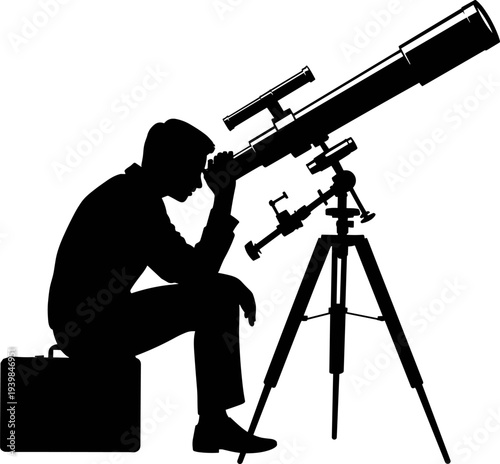 Silhouette of astronomer observing night sky through telescope on tripod, science exploration concept, stargazing, astronomy education, space observation vector illustration