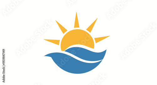 Stylized sun rising over the ocean waves illustration.