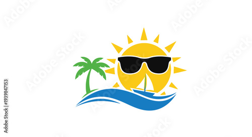 Stylized sun wearing sunglasses with palm tree and ocean wave.