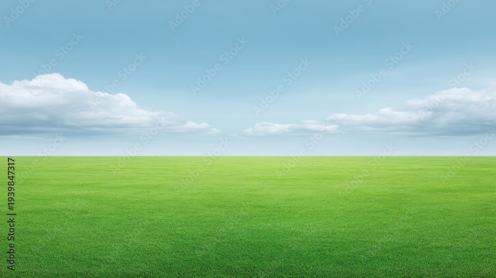 Fototapeta premium Lush Green Grass Field Under a Bright Blue Sky with Soft Clouds in a Serene Natural Landscape Environment
