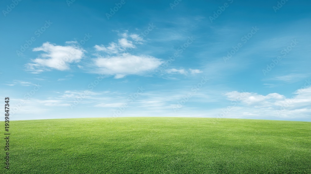Fototapeta premium Expansive Green Field Under Bright Blue Sky with White Clouds and Gentle Breeze in a Peaceful Natural Landscape