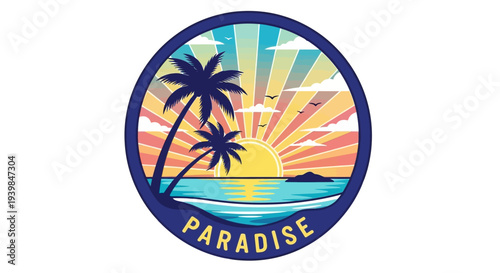Tropical paradise emblem with palm trees and sunset.