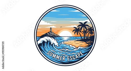 Summer Escape Beach Scene with Lighthouse and Palm Trees.