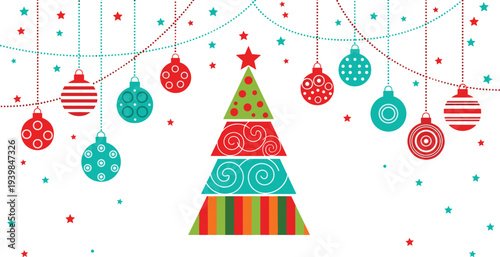 Colorful Christmas tree with hanging ornaments, stars and festive decorations, modern holiday illustration isolated on white background for winter celebration and seasonal greeting design