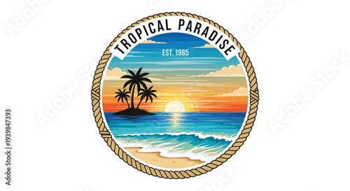 Tropical Paradise Beach Scene with Palm Trees and Sunset Logo.