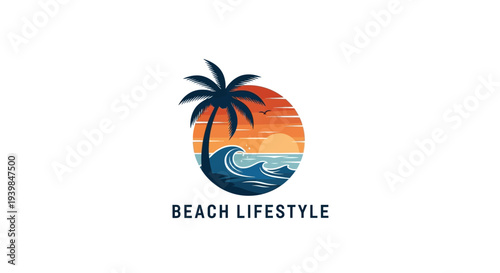 Beach Lifestyle Logo Design with Palm Tree and Ocean Waves.