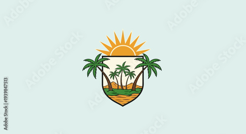 Coconut Trees and Rising Sun Emblem Design.