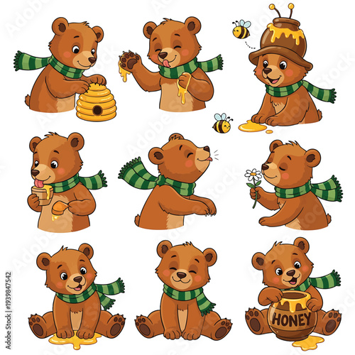 Cute Cartoon Bear Cubs Enjoying Honey and Bees.
