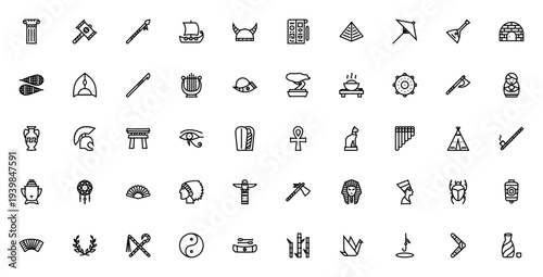 Culture icon set. Vector symbols collection. Includes Column, Hammer, Spear, Viking Ship, Pyramid, Hieroglyph, Matryoshka, Totem, Pharaoh, Yin Yang, Kayak, Boomerang and more.