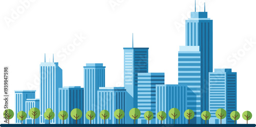 Modern city skyline with skyscrapers and urban buildings surrounded by green trees, flat style vector illustration representing sustainable city, business district and urban landscape