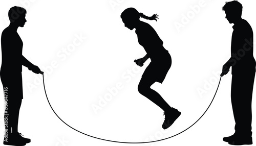 Silhouette of children playing jump rope together, teamwork, childhood fun, outdoor activity, fitness, exercise, friendship, and healthy lifestyle vector illustration design