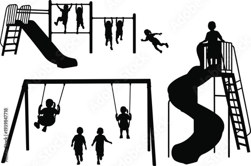Silhouette of children playing on playground with slides, swings, and monkey bars, fun outdoor activity and childhood recreation vector illustration design