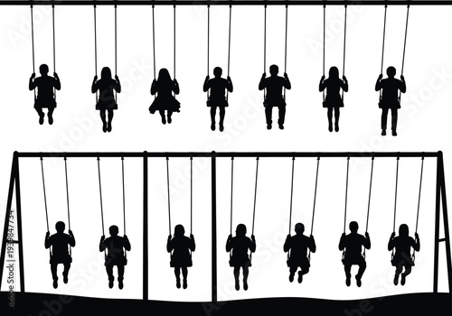 Silhouette of children playing on swings at playground, happy kids swinging together in park, childhood fun, outdoor recreation vector illustration