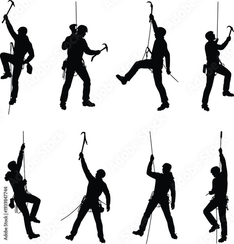 Silhouette of climbers using ropes and ice axes in different climbing poses, mountain adventure concept, extreme sport, rock climbing illustration