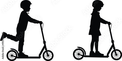 Silhouette of children riding scooters wearing helmets, outdoor fun, active lifestyle, safety, and childhood recreation concept vector illustration for design and education
