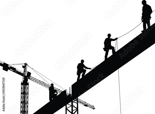 Silhouette of construction workers on steel beam with safety ropes and cranes, teamwork concept, high-rise building construction, industrial work illustration