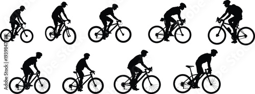 Silhouette of cyclists riding bicycles vector illustration set, mountain and road bike riders collection, sports activity design, fitness and outdoor cycling concept