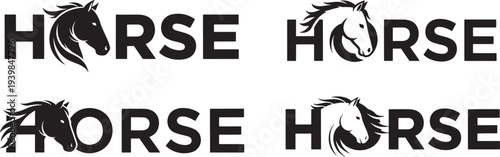 Horse typography logo with stylized horse head integrated into letter O in bold HORSE text design creative equine animal silhouette lettering 