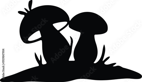 Silhouette of mushrooms growing on grass vector illustration, black fungus design, natural botanical element for forest, nature, autumn, or organic concept