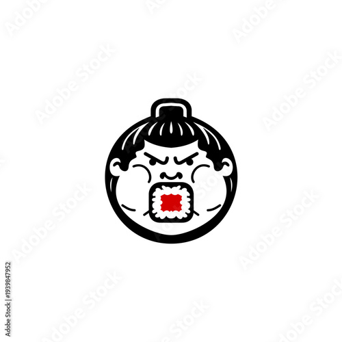 Cute sumo wrestler mascot eating sushi, funny Japanese cartoon character vector illustration isolated on white background