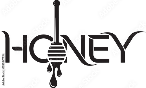 Honey typography logo with dripping honey dipper forming letter O in sweet honey text design, natural organic beekeeping product branding vector