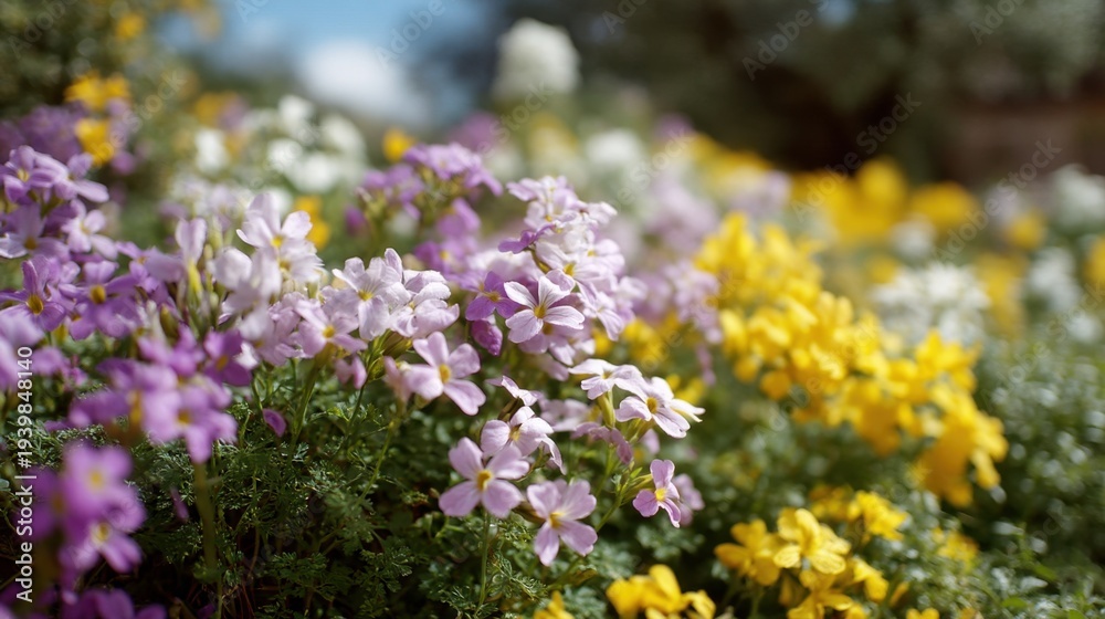 Obraz premium Vibrant Garden Blooming with Colorful Flowers in Spring Sunlight Surrounded by Green Foliage and Blue Sky