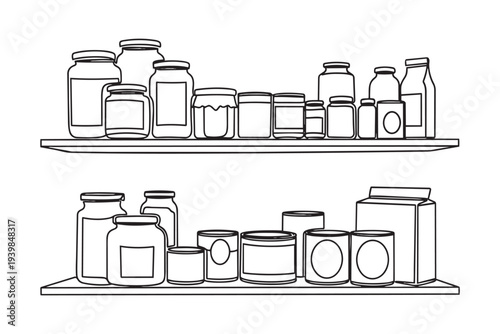 Two shelves with various jars and cans pantry storage thin line illustration vector illustration