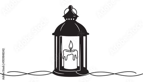 Black silhouette of antique lantern with lit candle vector illustration