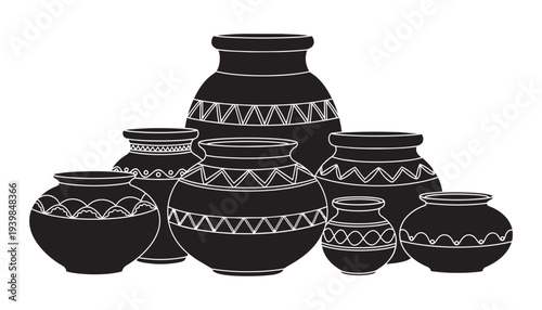 Collection of clay pots with decorative patterns illustration vector