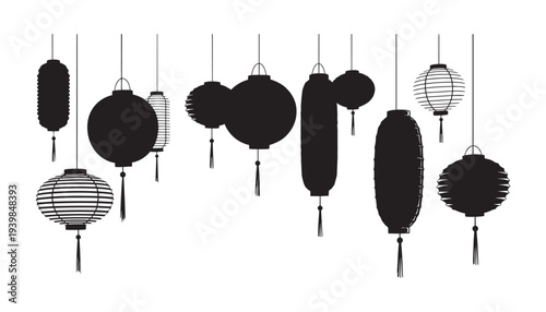 Traditional asian hanging lanterns vector illustration silhouette collection set for festive event