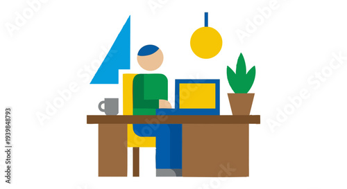 flat vector icon of person working on laptop at home desk with coffee mug and plant