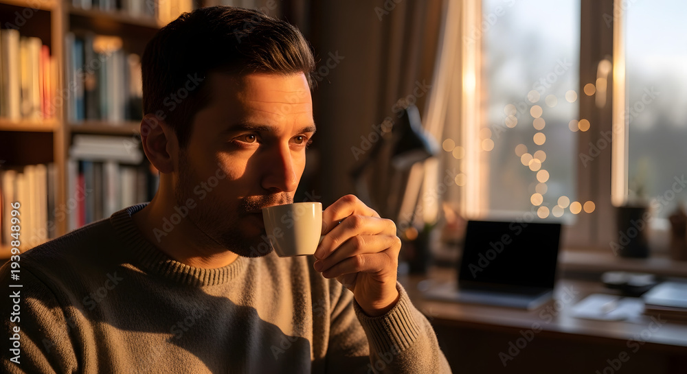 Obraz premium Man enjoying a cup of coffee in a cozy home office with a laptop and books around him, viewed from the side.