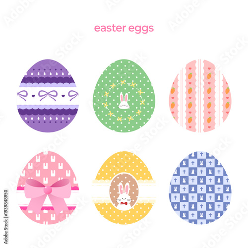 파스텔 톤의 귀여운 토끼와 리본 패턴으로 꾸며진 부활절 달걀 장식 일러스트 세트 