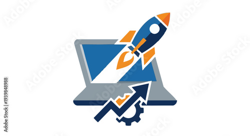 modern flat vector icon of rocket launching from laptop screen symbolizing startup idea