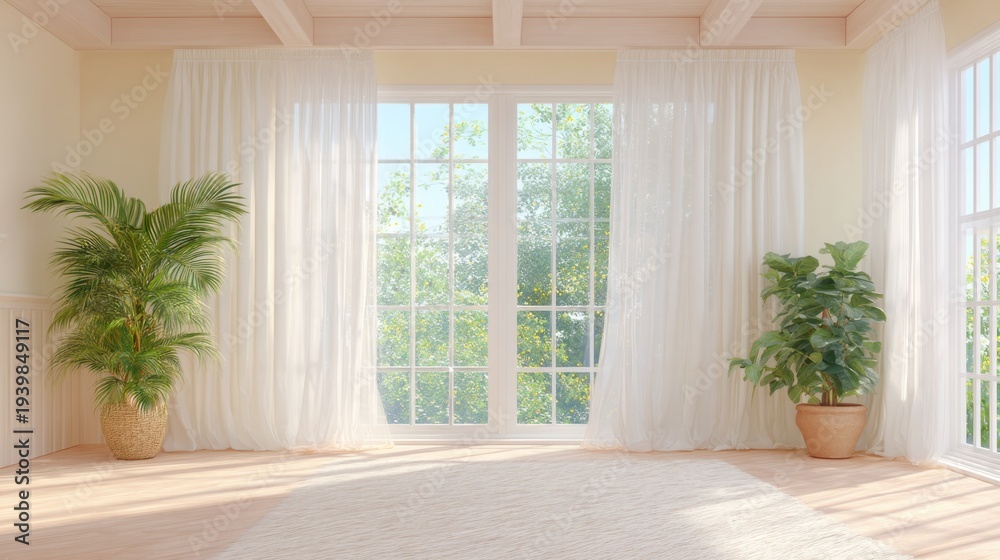Fototapeta premium Bright and Airy Indoor Space with Large Windows and Lush Greenery, Perfect for Interior Design or Lifestyle Concepts