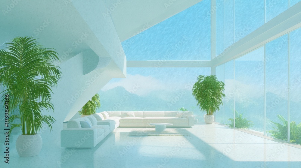 Fototapeta premium Bright and Spacious Modern Interior with Large Windows and Lush Green Plants in Contemporary Architecture