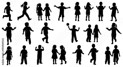 Diverse kids silhouette set for school and education concept