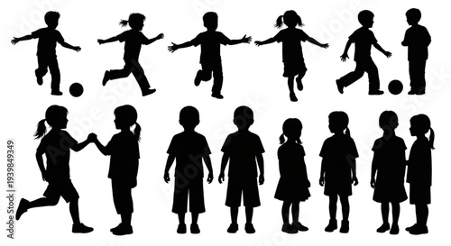 Children silhouette collection kids playing and standing vector set
