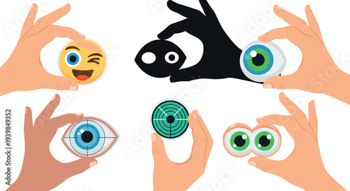 Hands Holding Eye and Emoji Icons Representing Vision, Observation, Facial Expression, and Visual Communication Symbols for User Interface and Digital Design