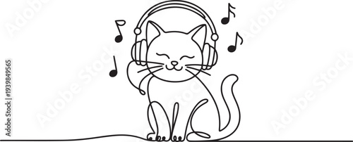 Vector cute cat in headphones listens to music. Melomaniac cat.one line vector icon illustration