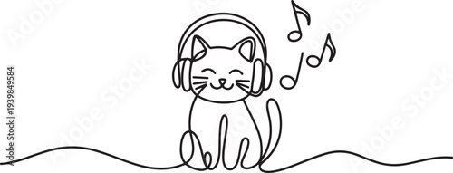 Vector cute cat in headphones listens to music. Melomaniac cat.one line vector icon illustration