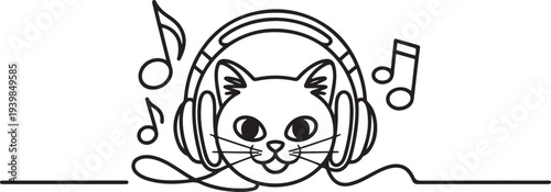 Vector cute cat in headphones listens to music. Melomaniac cat.one line vector icon illustration
