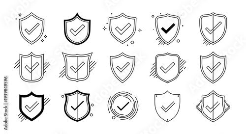 Security Shield Check Mark Icon Set for Cyber Protection, Data Safety, Verification, and Trusted Digital Privacy Symbols for Apps and Websites