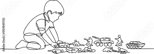 The boy is playing war games with soldiers. World War Toy Destruction Day.one line vector icon illustration