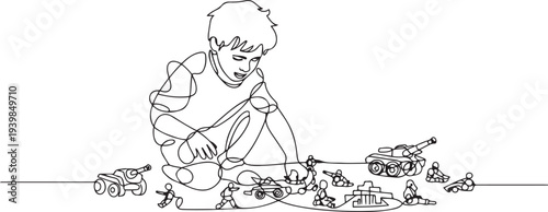 The boy is playing war games with soldiers. World War Toy Destruction Day.one line vector icon illustration
