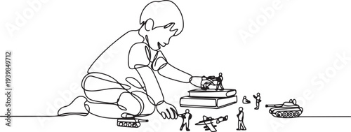 The boy is playing war games with soldiers. World War Toy Destruction Day.one line vector icon illustration