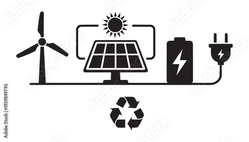 Renewable energy vector illustration showing wind turbine solar panel battery and recycling symbol
