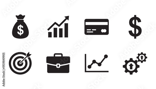 Business and finance vector illustration with money bag growth credit card dollar target briefcase